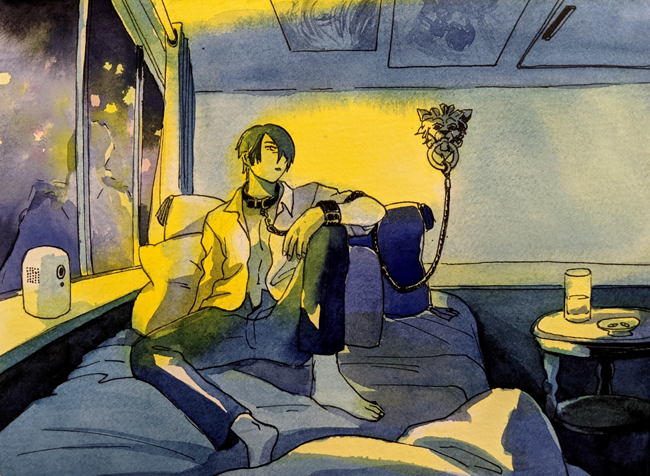 moody watercolor with dark blues and a yellow glow. a man wearing a collar is 
                  leashed to the wall and he's sitting in bed facing away from the window